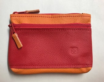 Purse with coin compartment red orange cowhide nappa leather