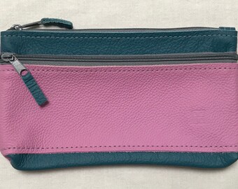 Large wallet with coin compartment in blue and pink cowhide nappa leather