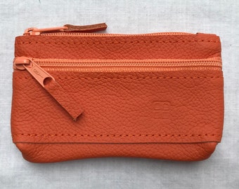 Key bag small with 2 zips in orange genuine cowhide