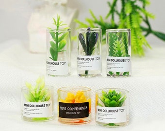 May include: Six miniature potted plants in clear glass containers. The plants are various shades of green and yellow. The containers have labels that read "Mini Dollhouse Toy" and "Mini Ornaments Dollhouse Toy".
