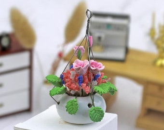 Miniature rose hanging pot Dollhouse miniatures Dollhouse decoration Miniature dnd Dollhouse miniature artisan Photography props