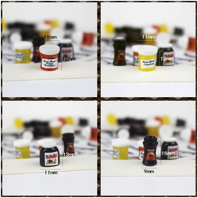 May include: Four miniature glass jars with labels and white lids. The jars are filled with different colored liquids. The jars are 1.1 inches tall and 1.3 inches wide. The labels on the jars read "Orange Marmalade", "Strawberry", "Nutella", and "Nescafe".