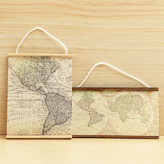 Miniature world map wall art Dollhouse retro map decor Mini travel poster for dollhouse study or living room