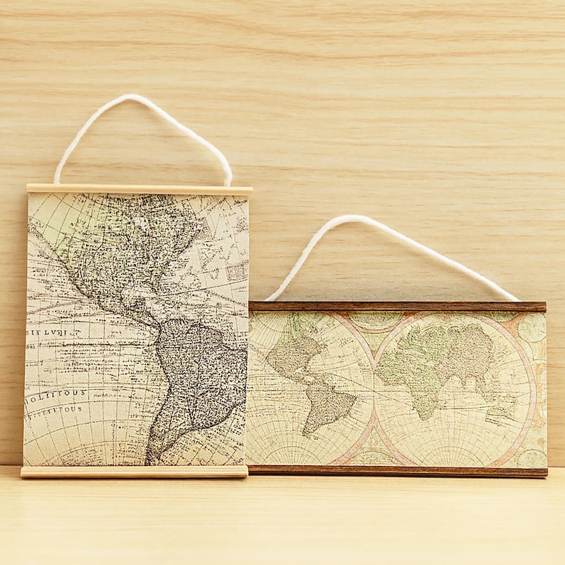 Miniature world map wall art Dollhouse retro map decor Mini travel poster for dollhouse study or living room image 1