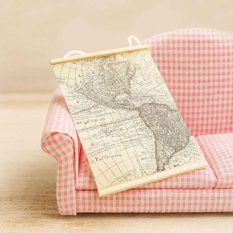 Miniature world map wall art Dollhouse retro map decor Mini travel poster for dollhouse study or living room image 4