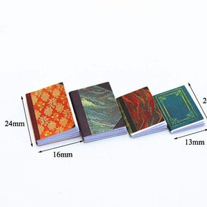 May include: Four miniature books with different patterned covers. The books are arranged in a row from largest to smallest. The largest book is 2.4 inches tall and 1.6 inches wide. The smallest book is 1.3 inches wide and 2 inches tall.