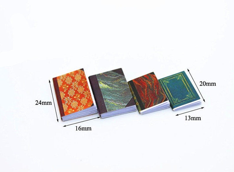 May include: Four miniature books with different patterned covers. The books are arranged in a row from largest to smallest. The largest book is 2.4 inches tall and 1.6 inches wide. The smallest book is 1.3 inches wide and 2 inches tall.