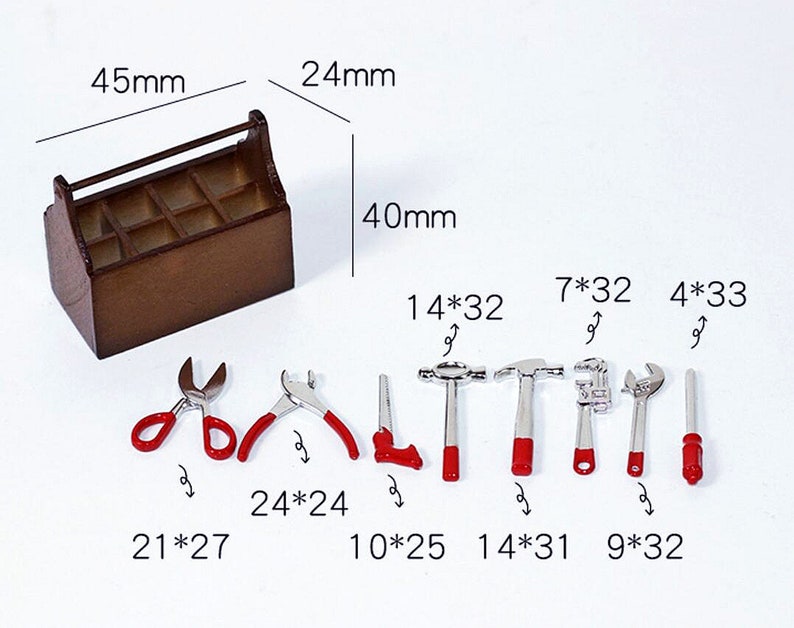 May include: A wooden toolbox with a handle and nine compartments, containing a set of miniature tools with red handles. The tools include a pair of scissors, pliers, a saw, two hammers, a wrench, and a screwdriver. The toolbox measures 4.5 inches by 2.4 inches by 4 inches.