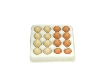 May include: A white egg carton filled with 18 brown eggs. The eggs are arranged in two rows of nine, with the top row being lighter in color than the bottom row.