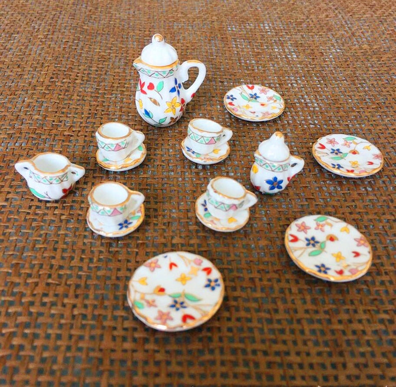 Miniature ceramics tea set Miniatures cups teapot Dollhouse Etsy