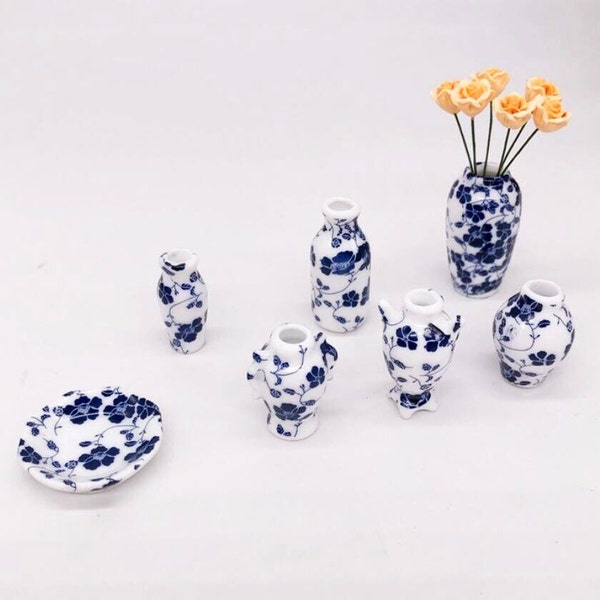 Miniature blue and white porcelain vase(7pcs) Miniature vase Dollhouse miniatures Dollhouse pot Diorama miniatures supplies Christmas gifts