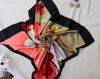 Pañuelo de seda vintage, estampado floral de amapolas rojas con borde negro, 90 x 90 cm