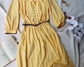 Dress Yellow Vintage Laura Ashley | 1980s Prairie Style Midi with Puff Sleeves & Belt | Cottagecore
