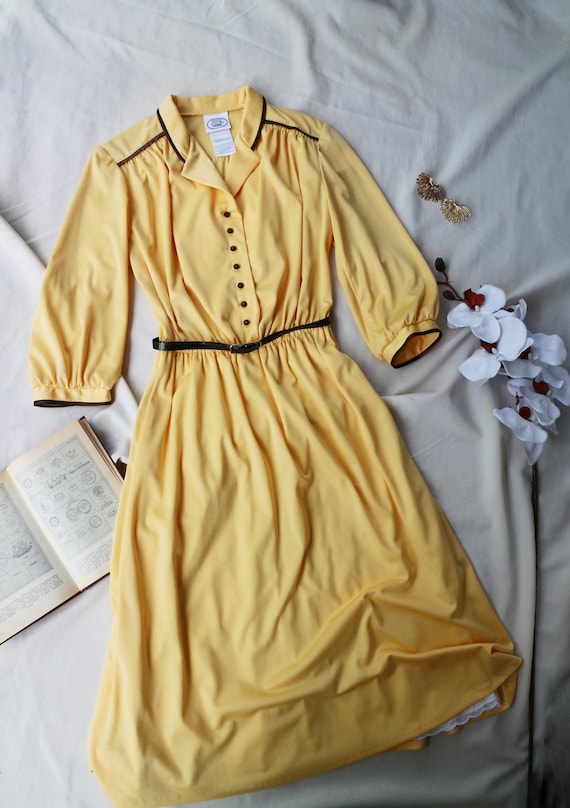 yellow dress brown belt Vintage Laura Ashley | 1980s Prairie Style Midi With Puff Sleeves & | Cottagecore this dress enhances your