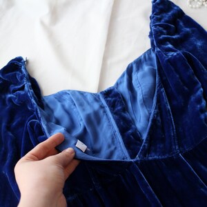 Vintage Velvet Dress Royal Blue Silk V-Neck Puff Sleeve Button Front Romantic Medieval Dark Academia Evening Gown Balletcore image 14