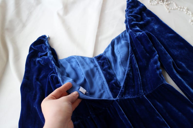 Vintage Velvet Dress Royal Blue Silk V-Neck Puff Sleeve Button Front Romantic Medieval Dark Academia Evening Gown Balletcore image 14