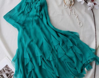 100% Silk Dress One Shoulder Ruffle Mini | Teal Green Rosette | Cascading Ruffles | Cocktail Party Dress | Silk Chiffon Wedding Guest