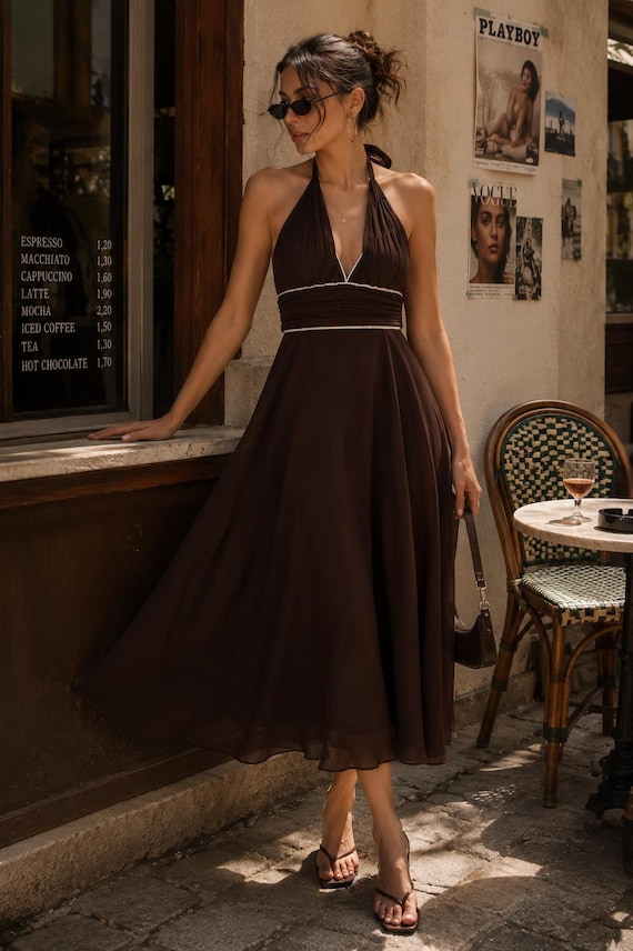 Y2K Brown Dress Halter | Chocolate Chiffon Wrap Cocktail Dress | 00s Party Dress | Empire Waist Halterneck