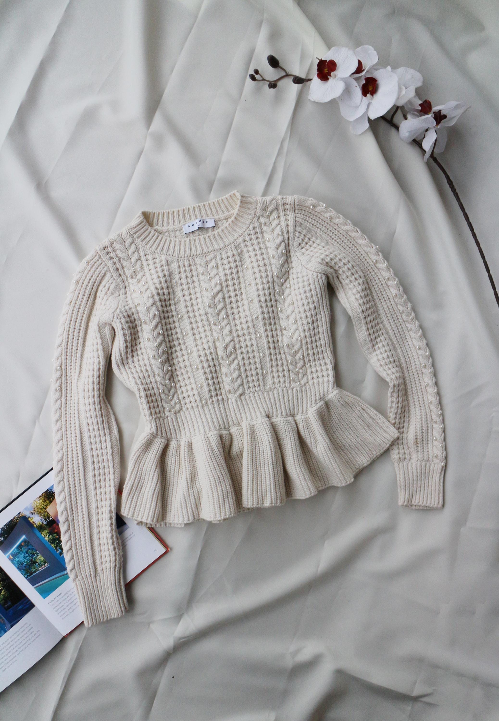 Sweater Sandro Paris Cable Knit : Cream Wool Blend With Pearl Beads - Etsy  Israel