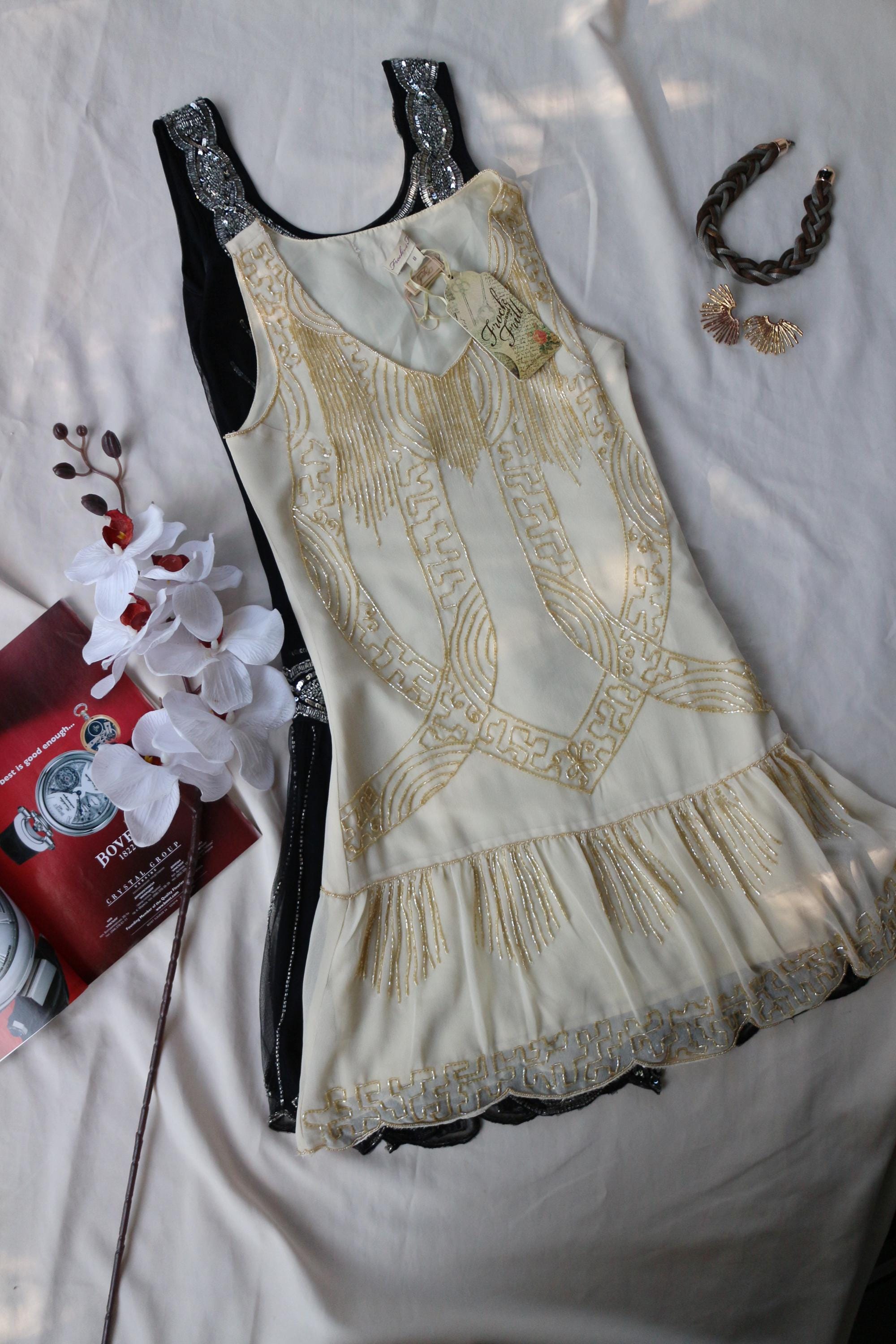 1920s Cream Beaded Flapper Dress: Art Deco Gold Embroidery, Size 8 - Etsy 1920s Cream Beaded Flapper Dress: Art Deco Gold Embroidery, Size 8 - Etsy