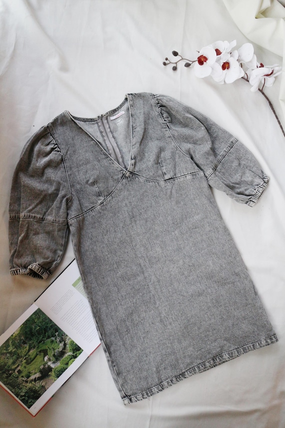 grey acid wash dress Denim Gray Mini Puff Sleeve Camaieu Dress 90s Cottagecore Casual Jean Vintage Style Maxi dress