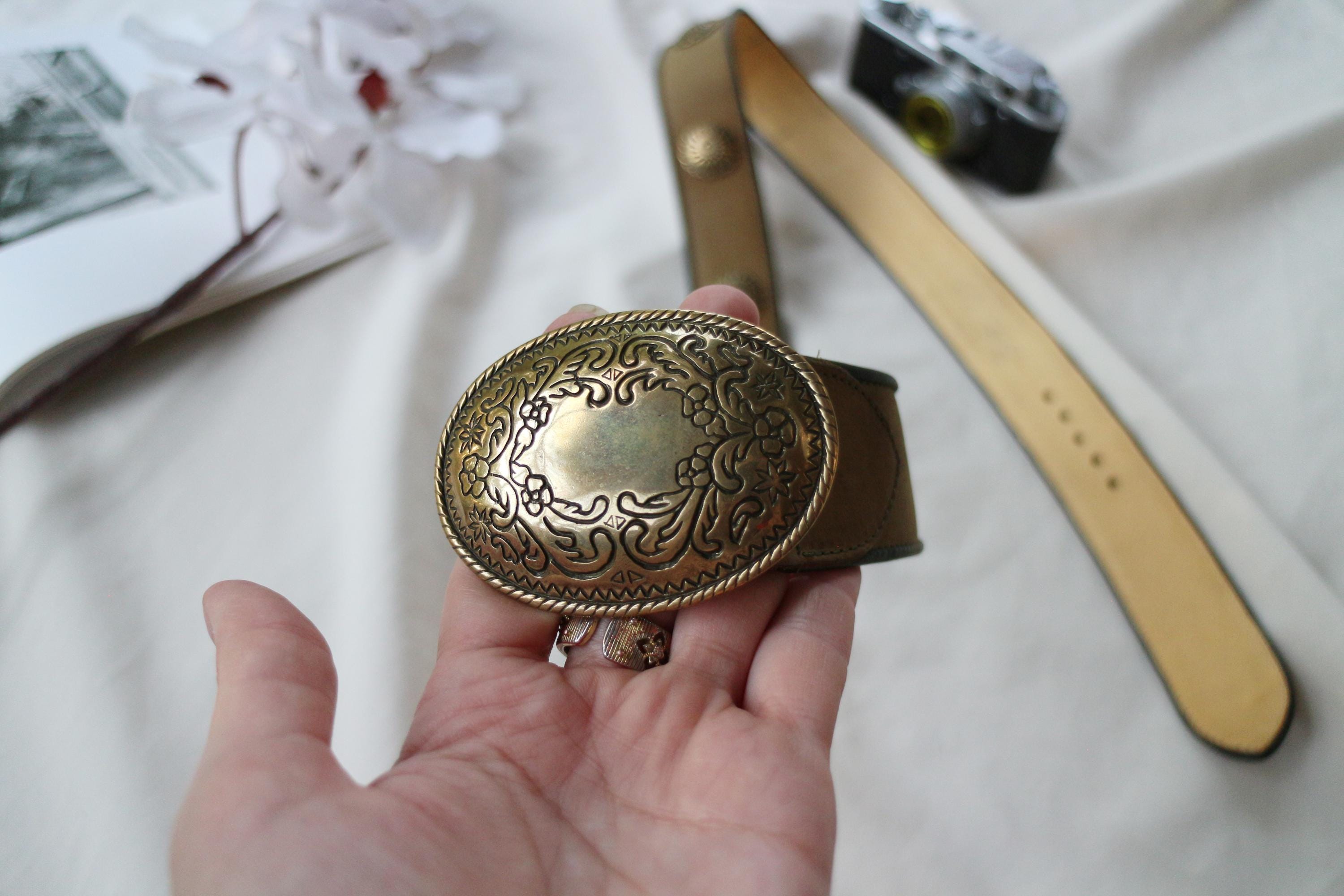 Bohemian Leather Belt Features Ornate Round Brass Buckle Gold-Tone Brass Discs Bohemian Leather Belt With Ornate Round Brass Buckle - Etsy main image 2