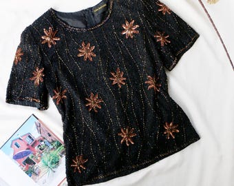 Vintage Gina Bacconi Beaded Silk Top, 80s Star Sequin Blouse
