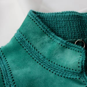 May include: Close-up of a teal suede jacket collar. The collar features intricate stitching and a ribbed knit neckline. A silver zipper pull is visible. The jacket's texture and color are prominent against a white background.