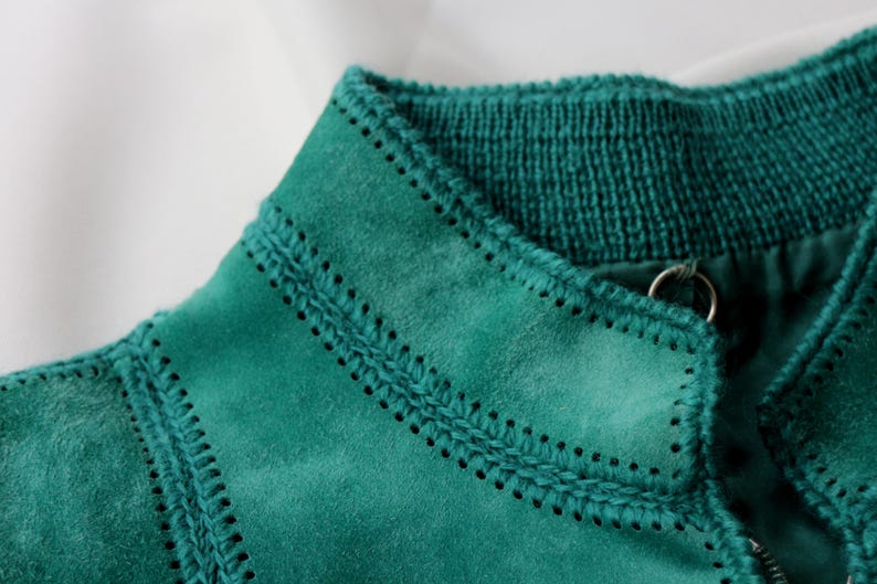 May include: Close-up of a teal suede jacket collar. The collar features intricate stitching and a ribbed knit neckline. A silver zipper pull is visible. The jacket's texture and color are prominent against a white background.