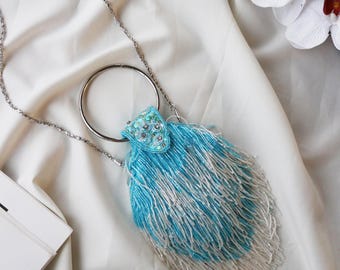 Vintage Beaded Fringe Purse: Turquoise Silver Art Deco Clutch