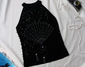 Top Black Beaded Sequin Vintage Halter Y2K Party Evening Top Art Deco Beadwork
