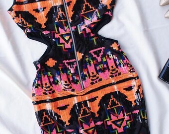 Vintage Aztec Print Bodycon Mini Dress: 90s Rave Sequin Cut-Out