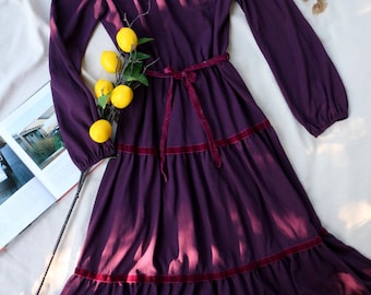 Purple Dress 1970s French Vintage Boho Prairie Dress