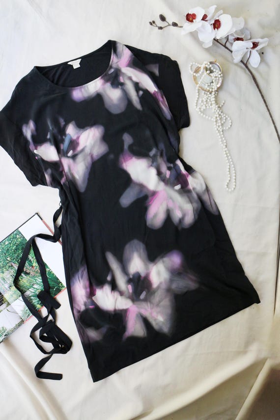 Black Silk Tunic Dress, Abstract Orchid Print, Minimalist Evening Style