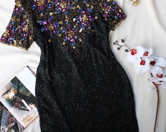 Vestido de cóctel de seda estilo vintage de los años 80 con cuentas y lentejuelas, vestido de fiesta de noche, vestido formal negro adornado, elegante vestido retro.