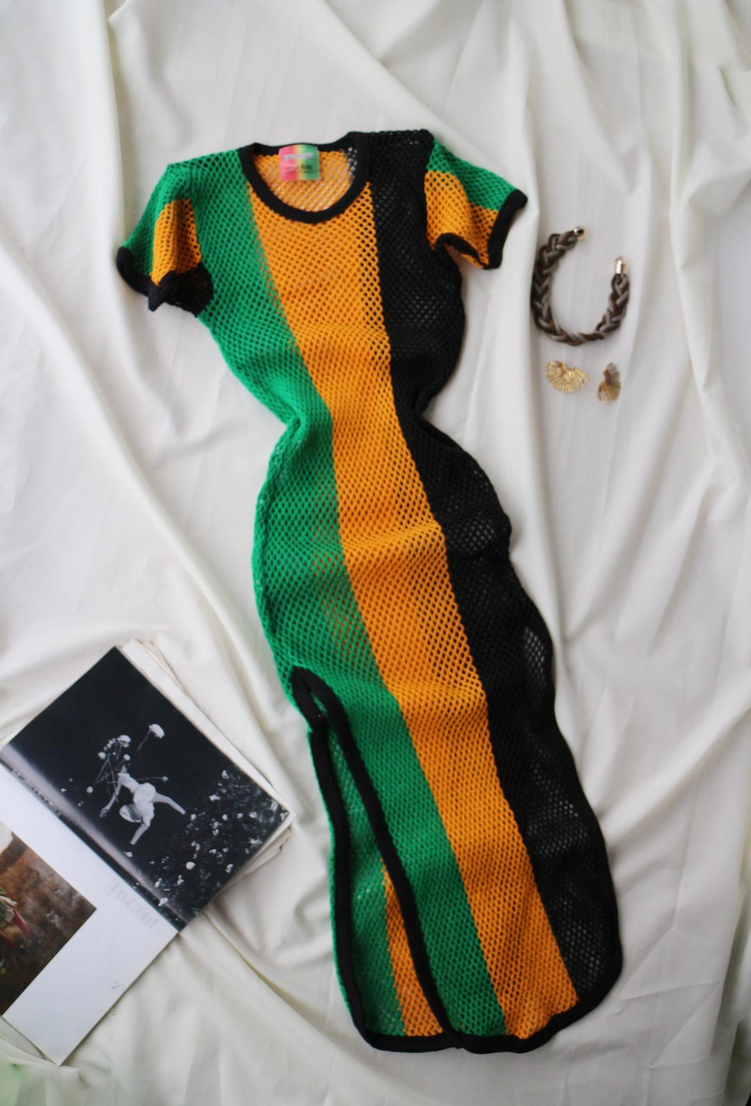Fishnet Rasta Mesh Dress Vintage 90s Rasta Colors Fishnet Bodycon Y2K Jamaican Green ...
