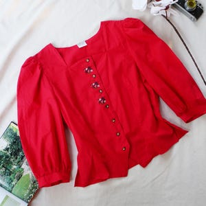 Vintage Embroidered Trachten Blouse: Austrian Alpine Folk Shirt, Size 42