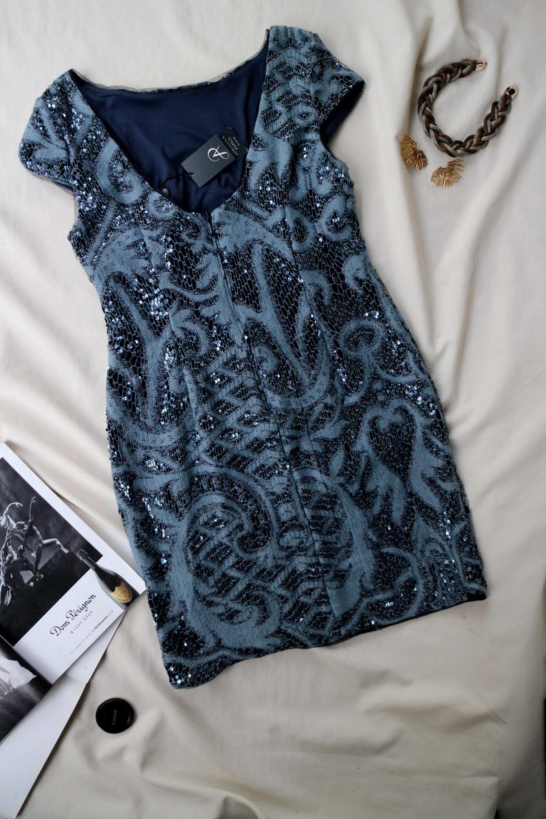 May include: A sleeveless, knee-length dress in a muted blue hue, adorned with intricate sequined patterns. The dress features a scoop neckline and a dark blue lining. Accessories include a braided bracelet and gold-toned earrings.