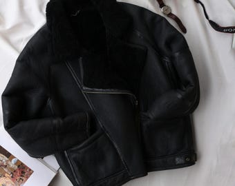 Vintage 90s Original Black Shearling Aviator Jacket Fur Collar Sheepskin Bomber