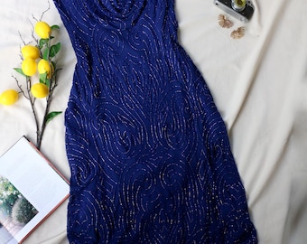 Beaded Evening Dress Vintage Royal Blue, Art Deco Sequin Gown, Elegant Formal Cocktail Dress, Luxury Vintage Party Dress