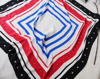 Vintage Silk Scarf Patriotic Red White Blue American Colors Geometric Square Shawl