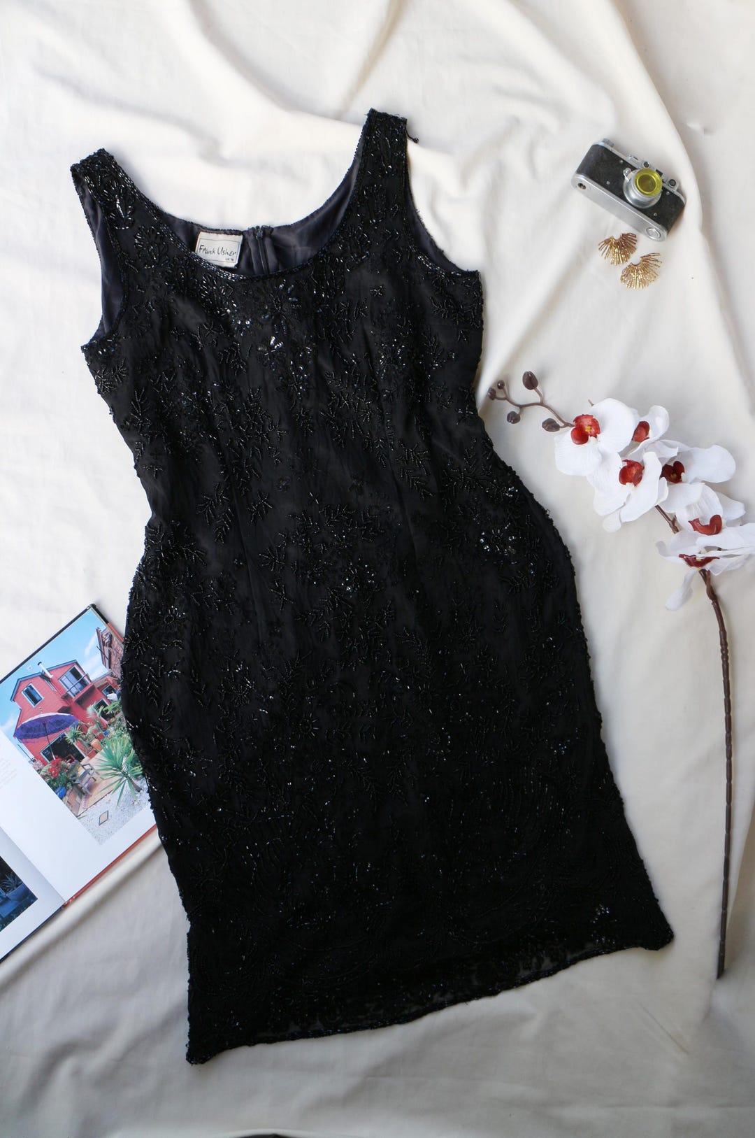 Beaded Silk Dress Vintage Frank Usher, 80s Black Cocktail  display picture 3