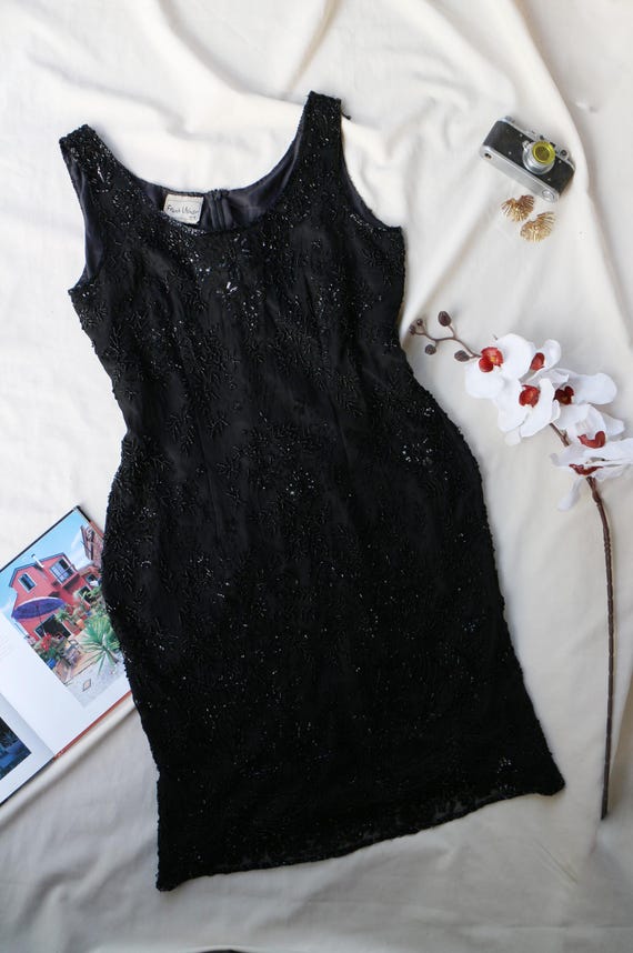 Beaded Silk Dress Vintage Frank Usher, 80s Black Cocktail Dress, Sequin Little Black Dress LBD, Elegant Evening Party Dress