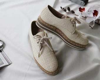 Oxfords Leather Shoes Cream Woven Platform  Espadrille Sole Women US 8 Summer Shoes Pons Quintana Rare Find!