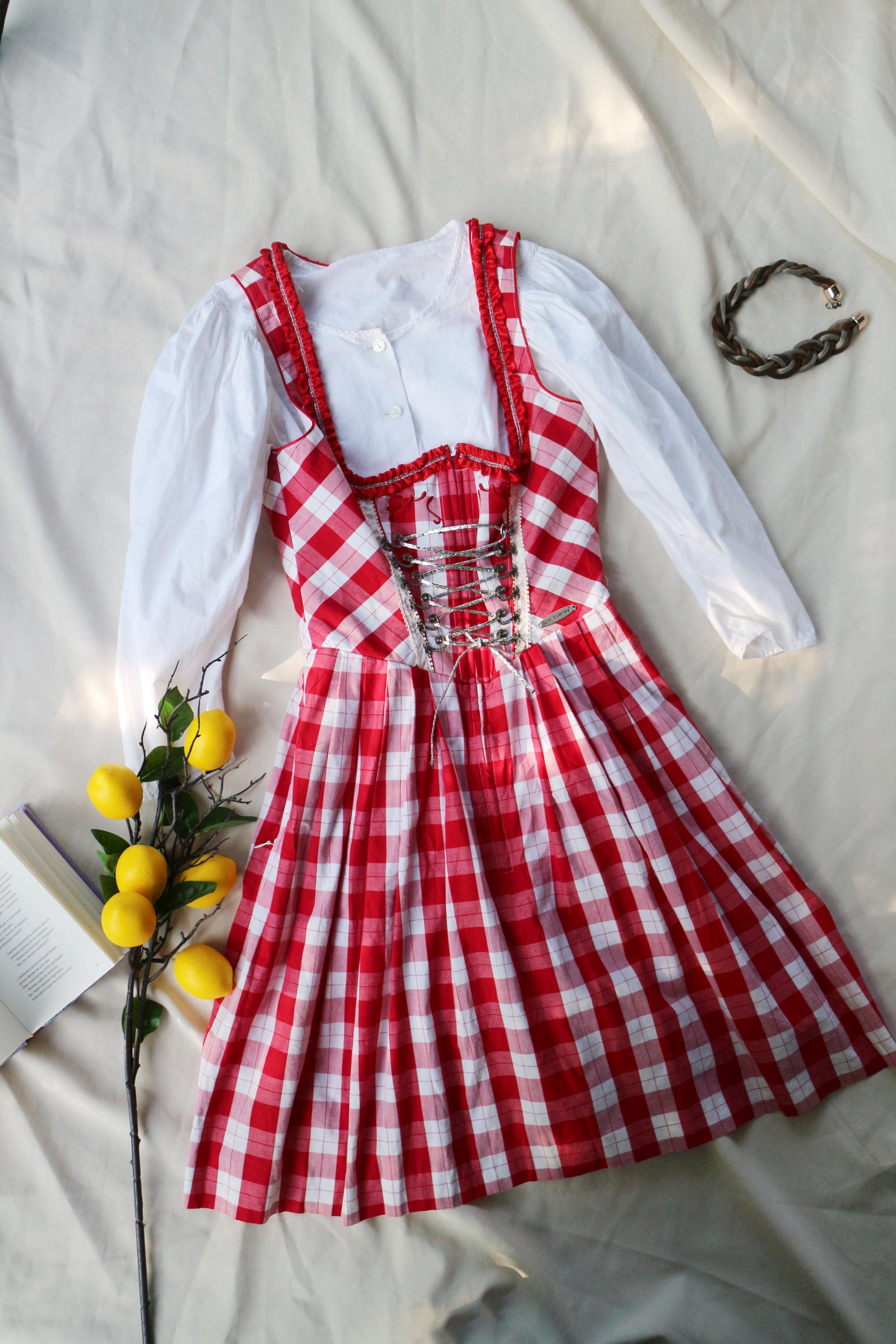 Dirndl Dress Red Gingham Trachten Oktoberfest Dress, US 0-2 | EU