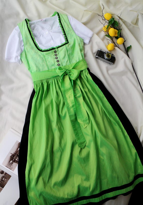 green oktoberfest dress Dirndl Black Vintage Trachten | Alpine Tradition Bavarian | Costume Green Bodice | Trachten Dress EU 42 US 10 / L modern dirndl dress