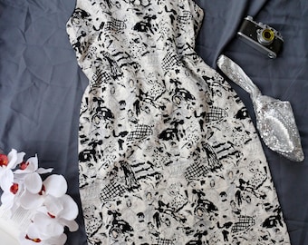 Robe vintage en soie perlée : robe de cocktail abstraite noire et blanche