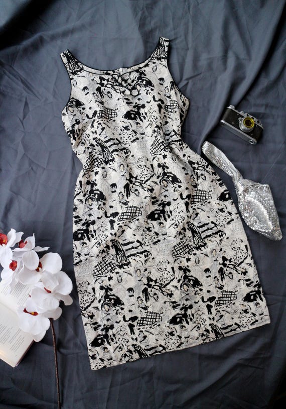 black and white abstract dress White and Black Abstract Print Smocked Midi Sun Dress