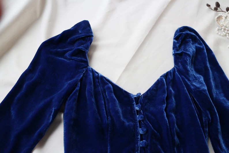 Vintage Velvet Dress Royal Blue Silk V-Neck Puff Sleeve Button Front Romantic Medieval Dark Academia Evening Gown Balletcore image 3