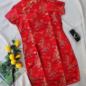 Vintage Red Silk Qipao Dress: Chinese Dragon & Phoenix Embroidery